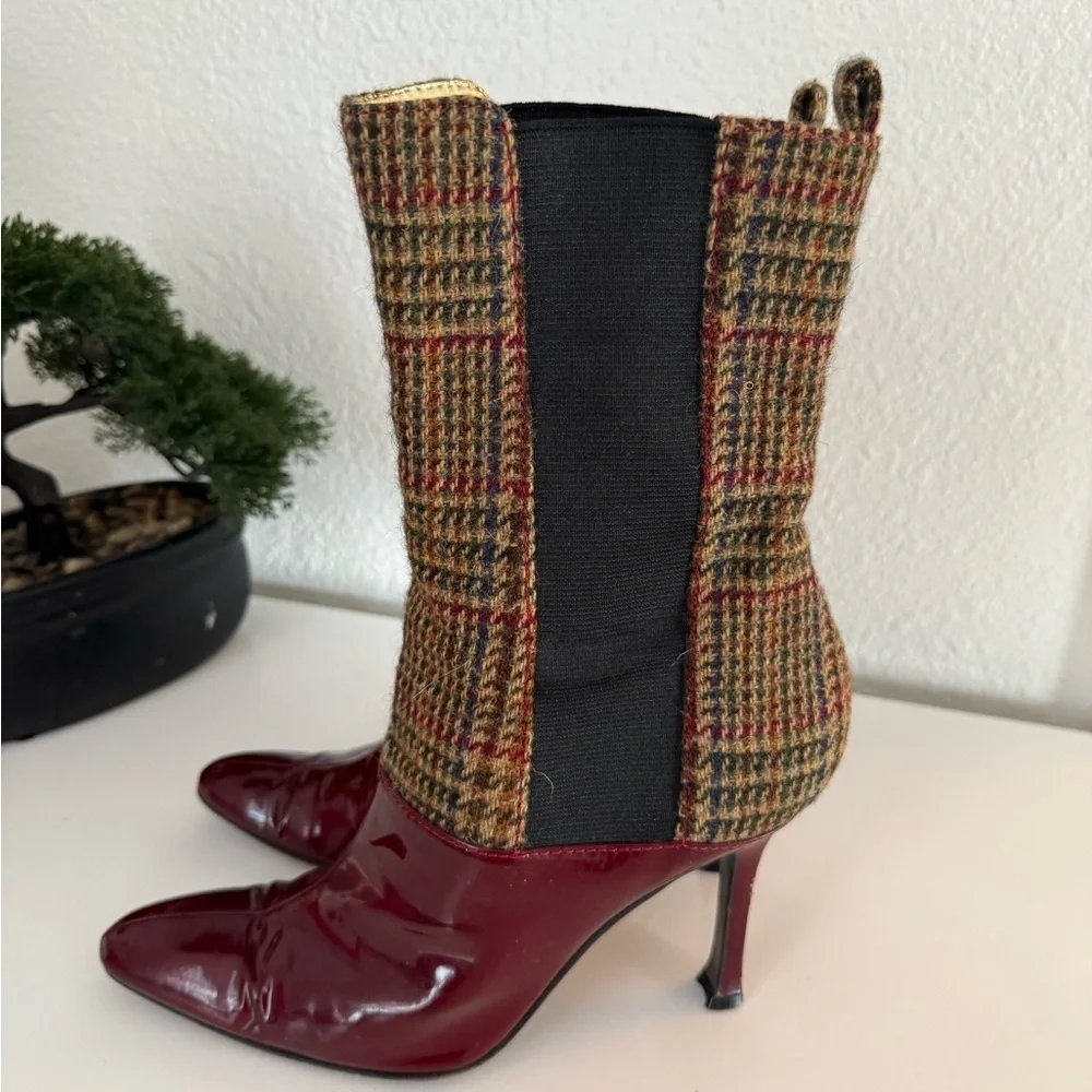Dolce & Gabbana  Burgundy and Plaid Heeled Boots - Picture 2 of 10
